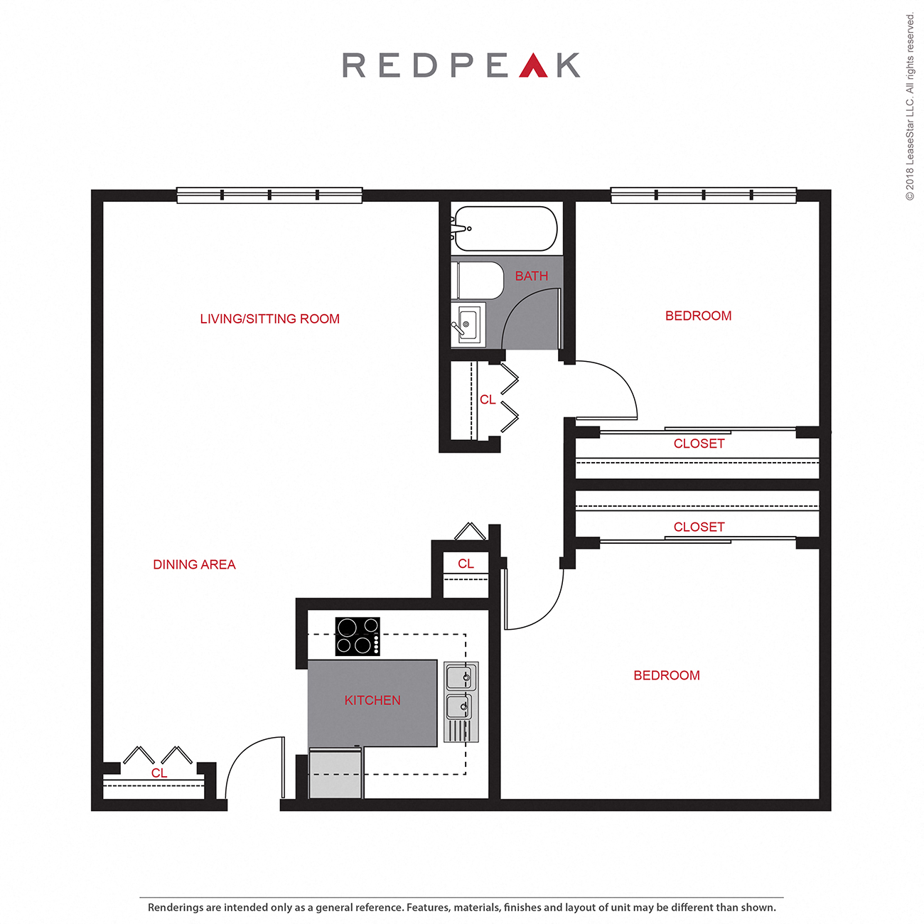 Floor plan for 2 beds, 1 bath, 730 sqft